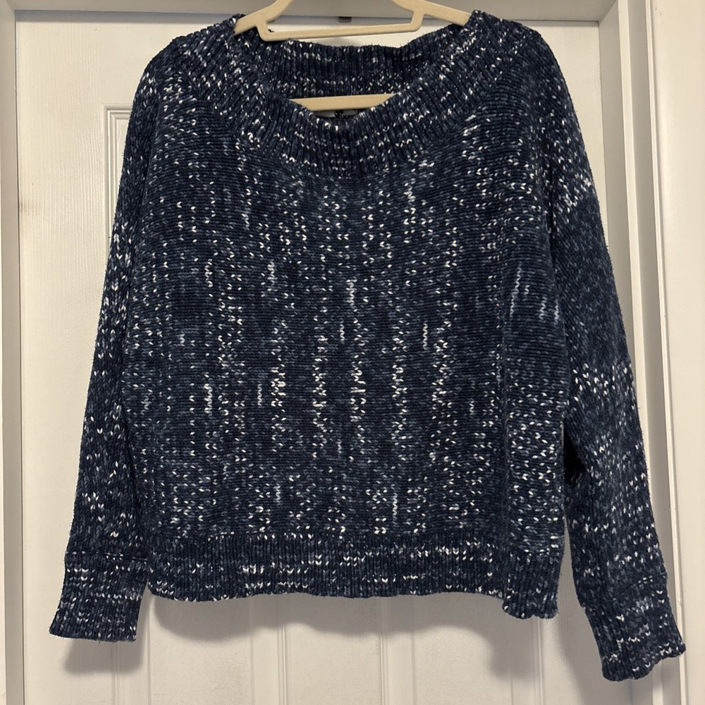 2017 Gap Women's Marled Navy Blue Wide Neck Tight Knit Sweater‎ XL Fisherman
